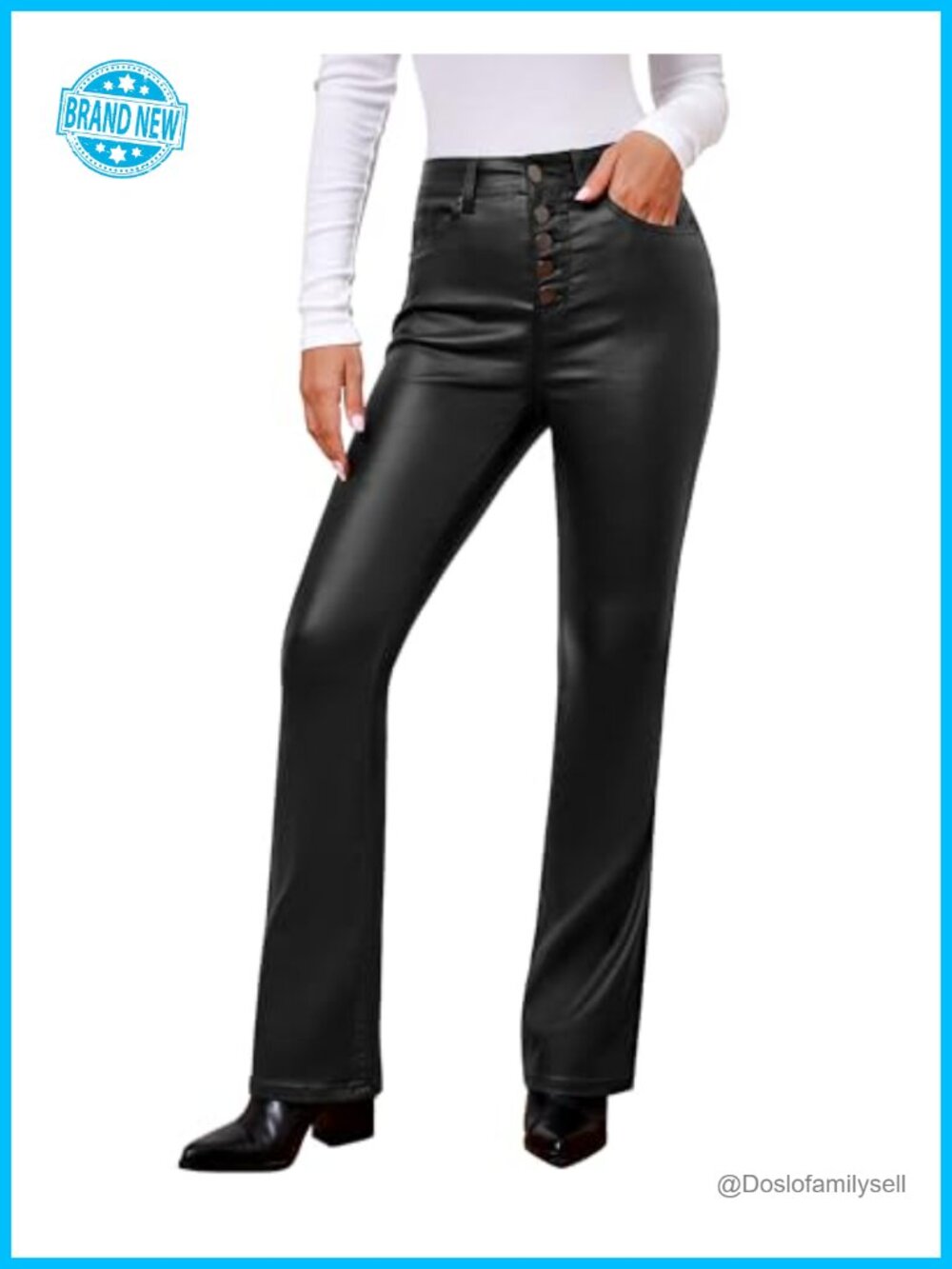 High Waist Faux Leather Flare Jeans Button Fly Bell Bottom Trousers